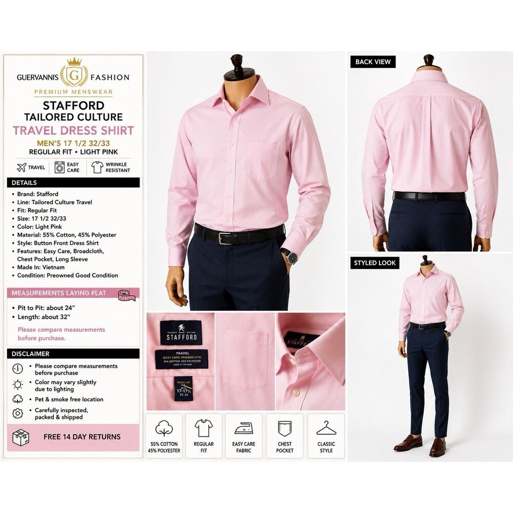 Stafford Shirt Mens Regular Fit Pink Broadcloth Dress Shirt  17.5 32/33 Regular